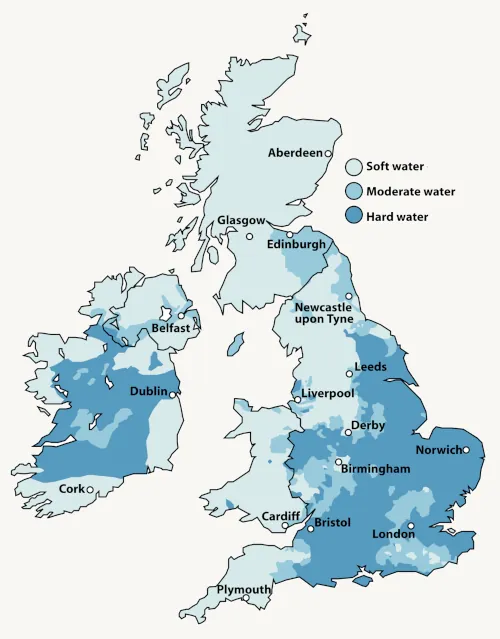 Map showing hard to very hard water areas of the UK